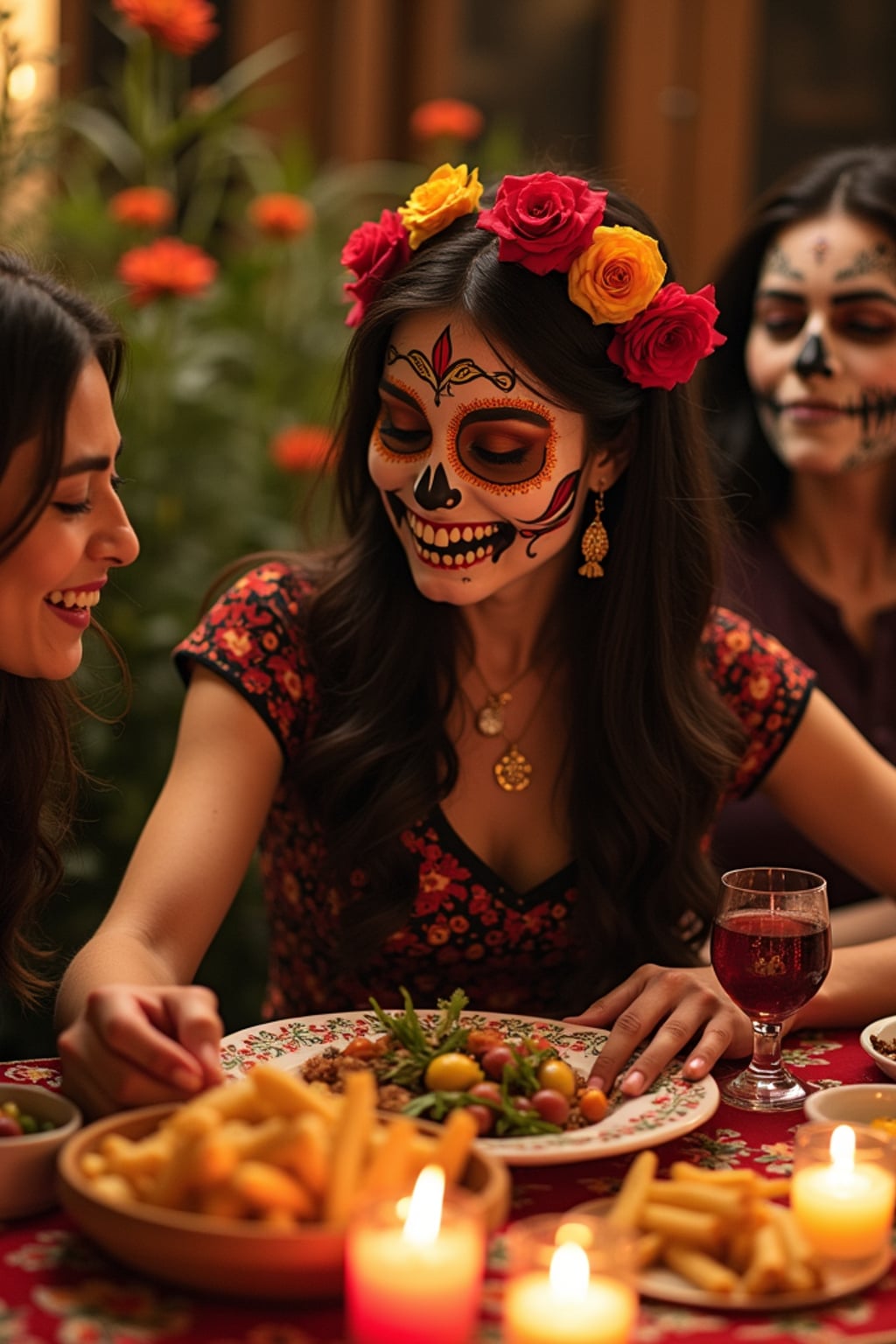 a woman enjoying Day of the Dead festivities, surrounded by family members arranging ofrendas , with a table full of traditional foods and favorite dishes of the departed