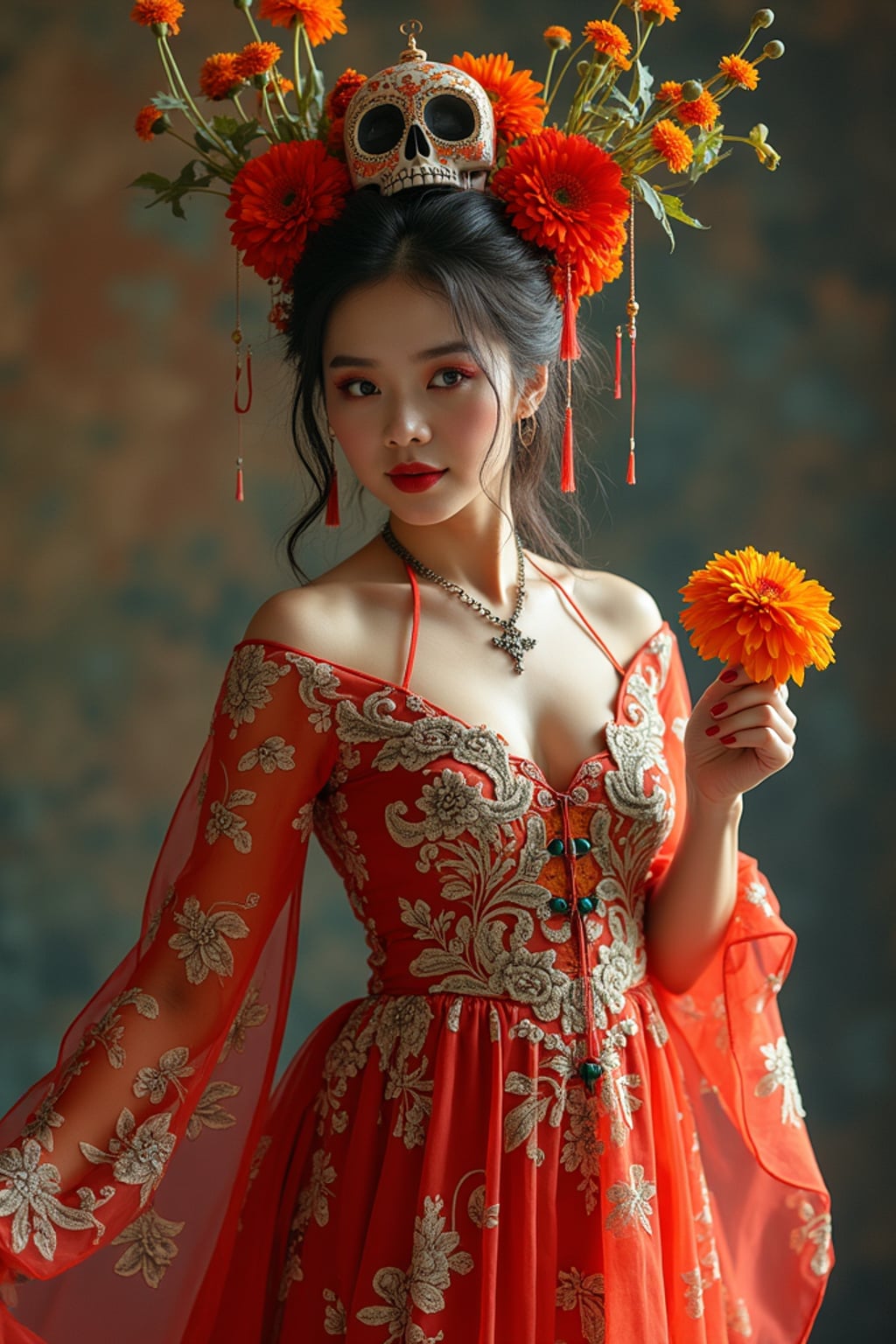 a woman in a flowing traditional dress with floral patterns , embodying the joyful and spiritual nature of Day of the Dead, with a sugar skull or marigold in hand