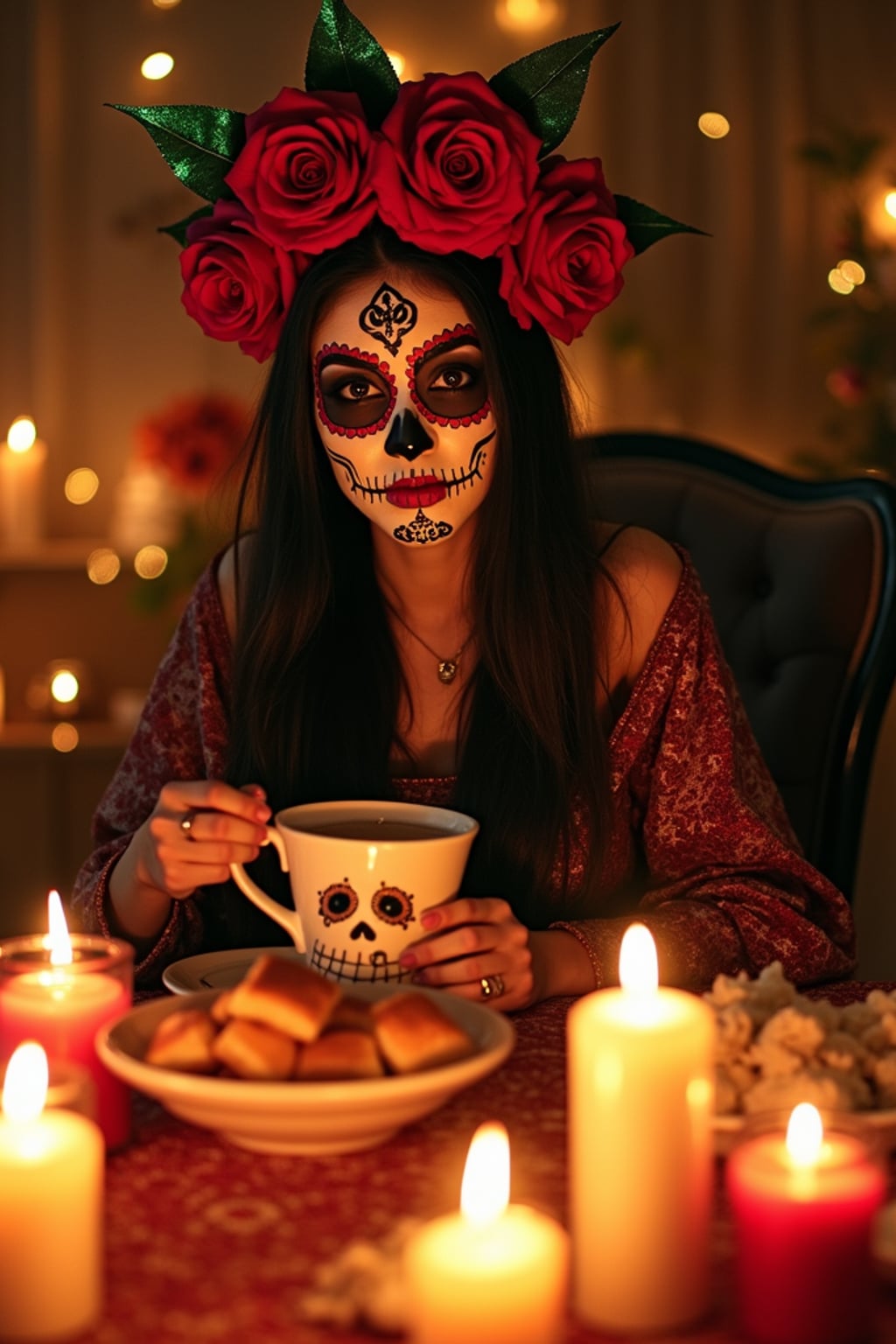 an incredibly attractive woman during Día de los Muertos celebrations, surrounded by glowing candles and ofrendas, enjoying traditional pan de muerto and Mexican hot chocolate on a beautifully decorated altar