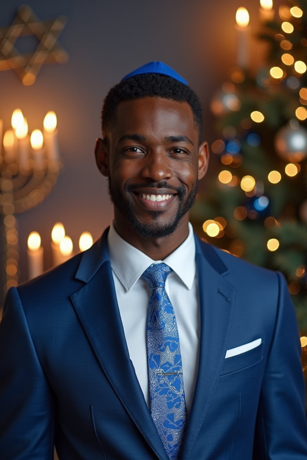 a stunning man with  a kippah and formal outfit, capturing the essence of Hanukkah traditions in a room decorated with Stars of David and blue and silver ornaments