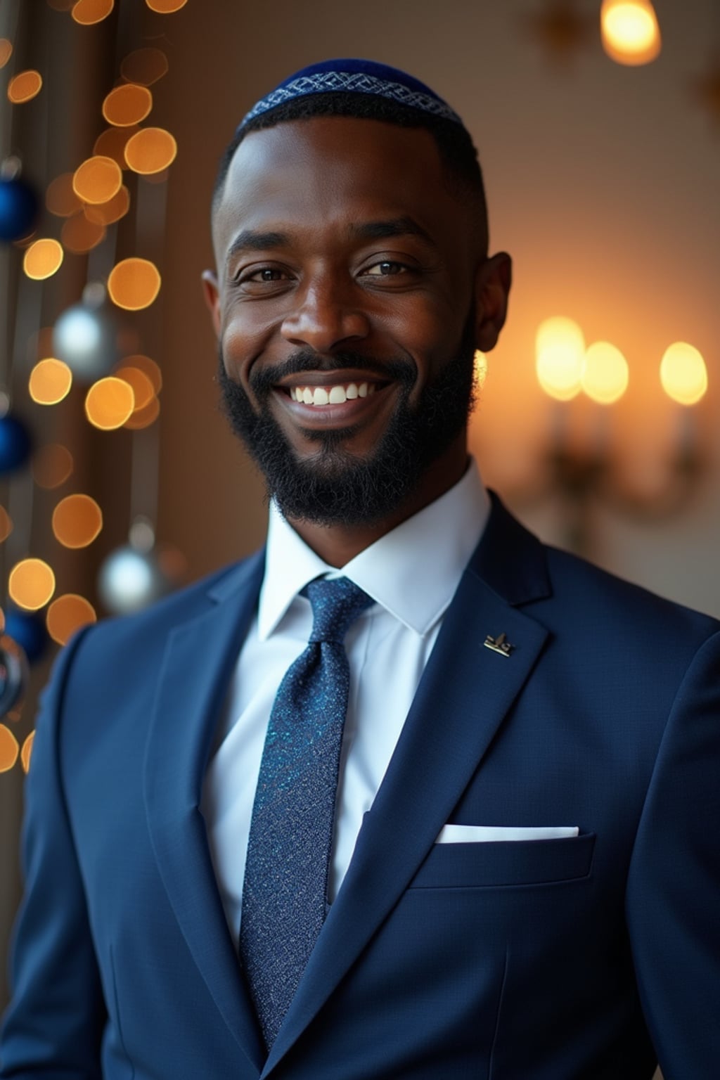 a stunning man with  a kippah and formal outfit, capturing the essence of Hanukkah traditions in a room decorated with Stars of David and blue and silver ornaments