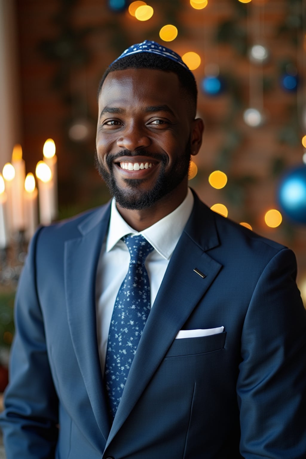 a stunning man with  a kippah and formal outfit, capturing the essence of Hanukkah traditions in a room decorated with Stars of David and blue and silver ornaments
