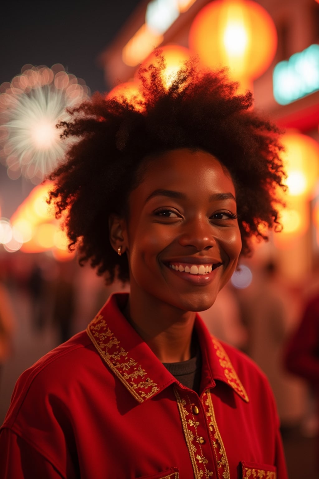 a woman with a happy expression while participating in Chinese New Year traditions , adding a festive quality to their celebration, with fireworks and lanterns visible in the background