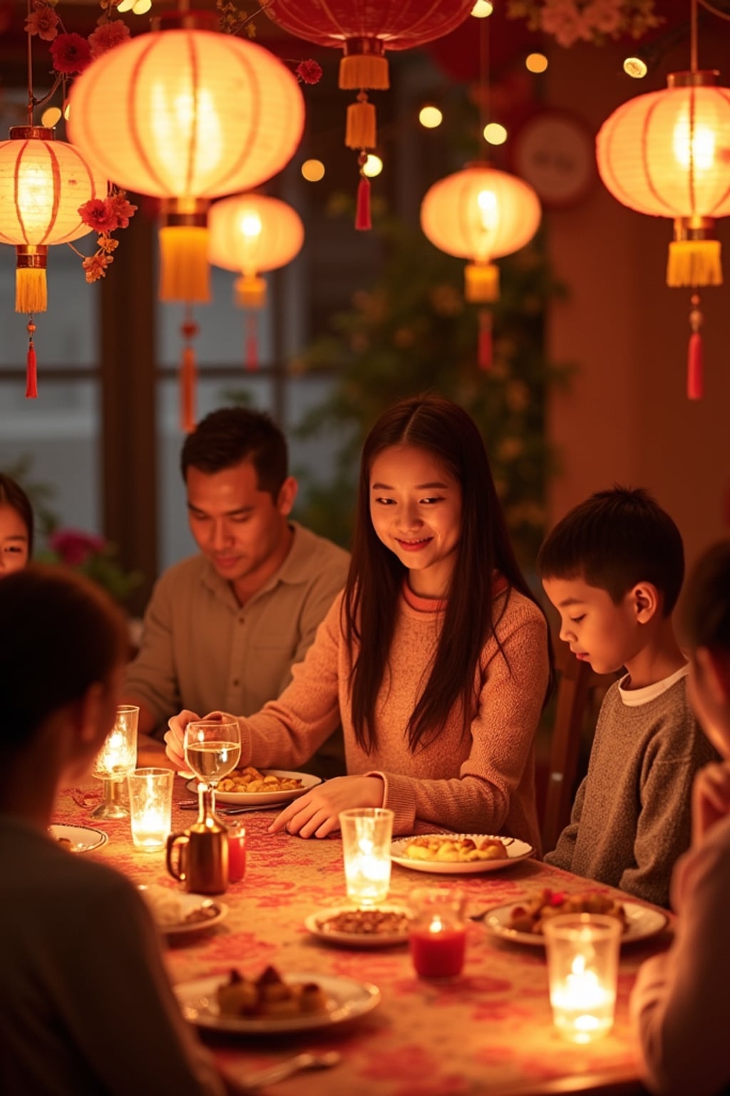 an incredibly attractive woman during Eid celebrations, surrounded by glowing fanous lanterns, enjoying festive treats on a beautifully decorated table with family and friends