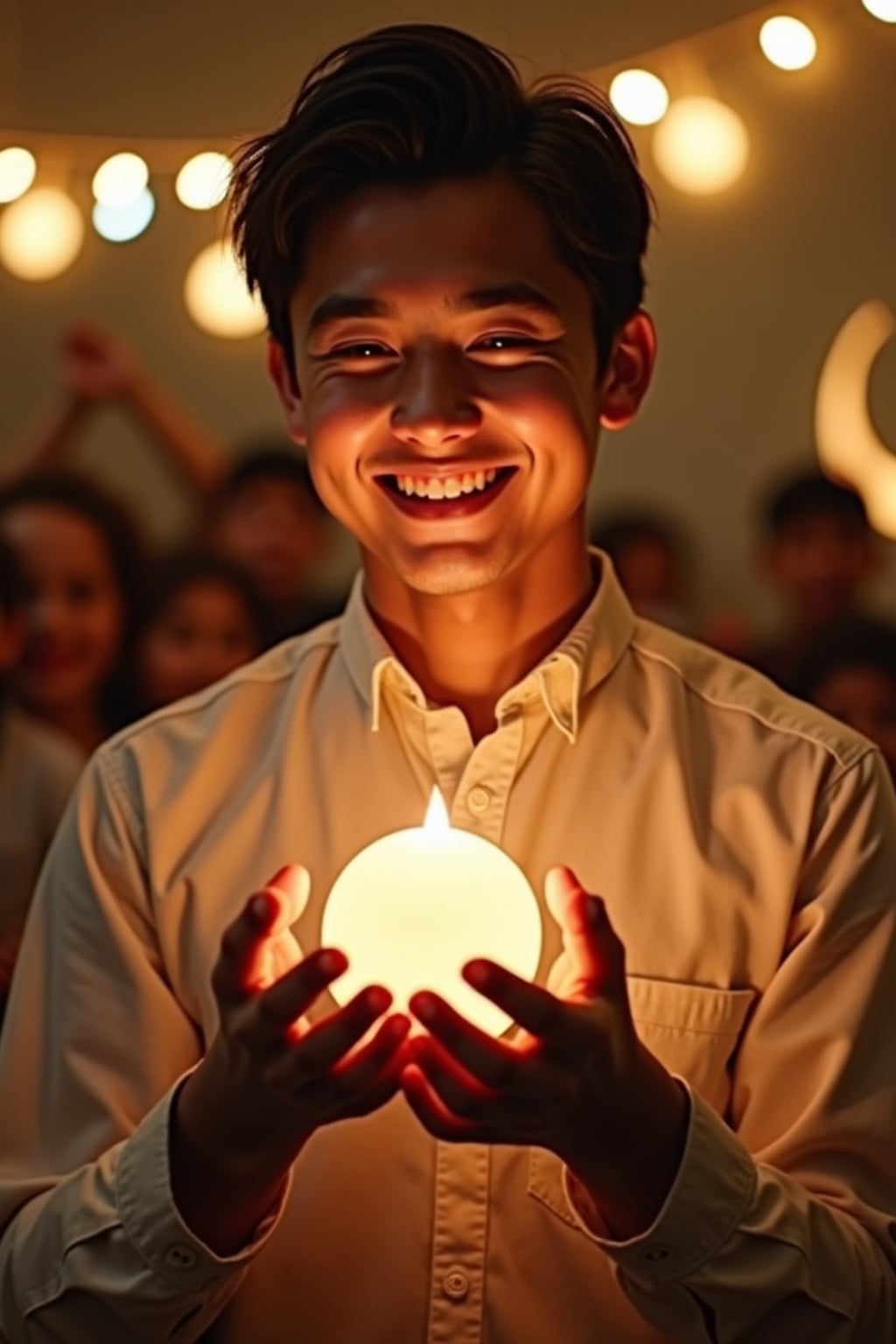 a man with  a joyful look while giving Eidi to children, adding a festive quality to their Eid celebration, with soft golden lights and crescent moon decorations visible in the background