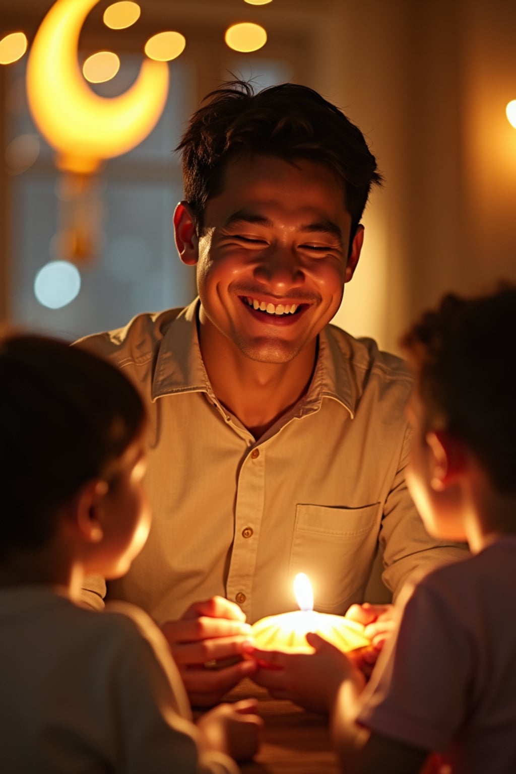 a man with  a joyful look while giving Eidi to children, adding a festive quality to their Eid celebration, with soft golden lights and crescent moon decorations visible in the background