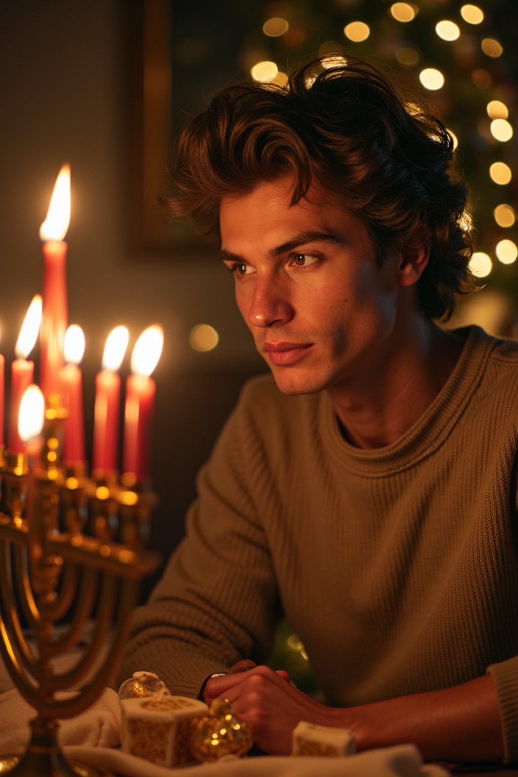 a stunning man surrounded by  traditional symbols and menorahs, capturing the sense of miracle and family connection during the Festival of Lights