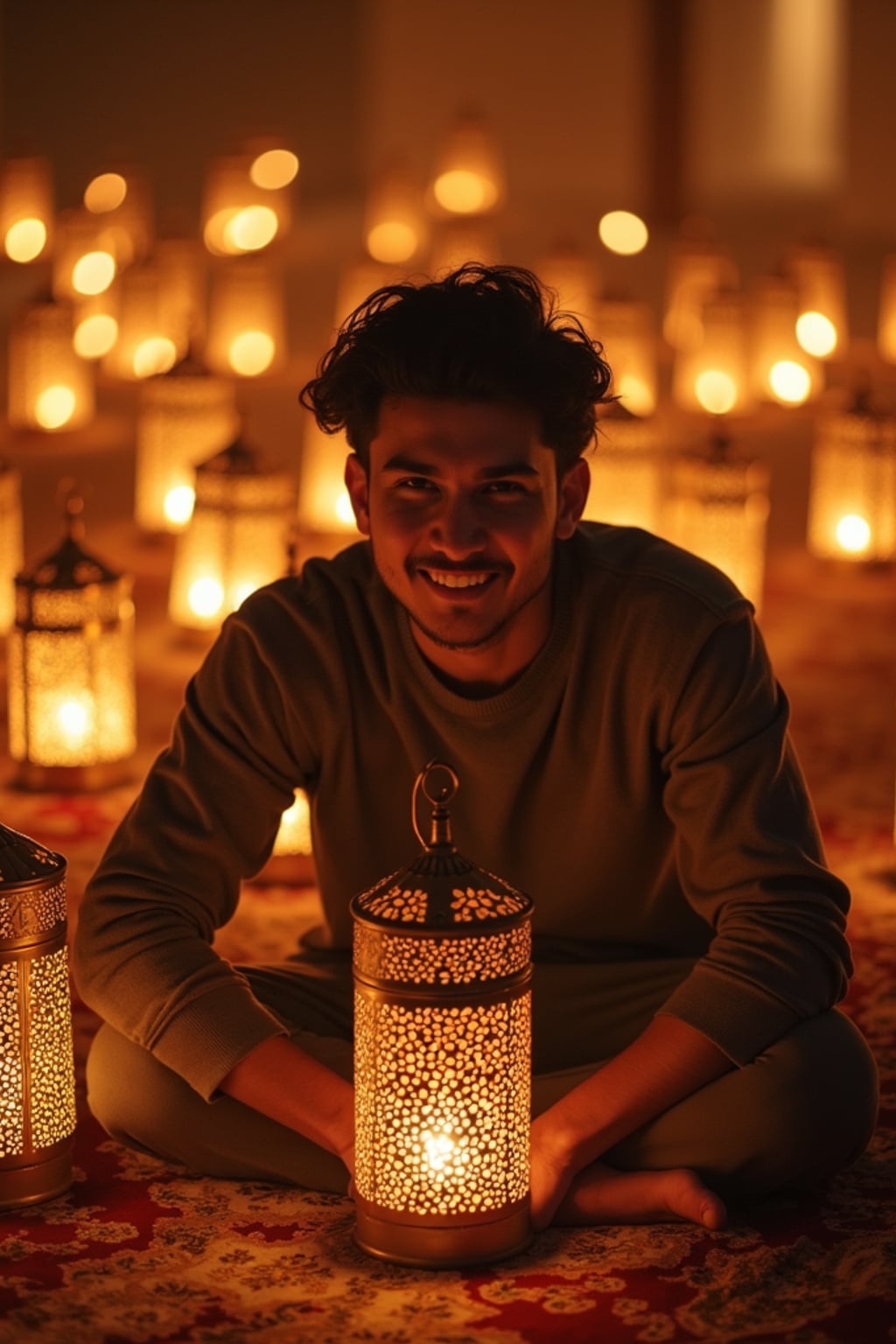 a stunning man surrounded by  traditional lanterns and Islamic art, capturing the sense of joy and family connection during the holiday