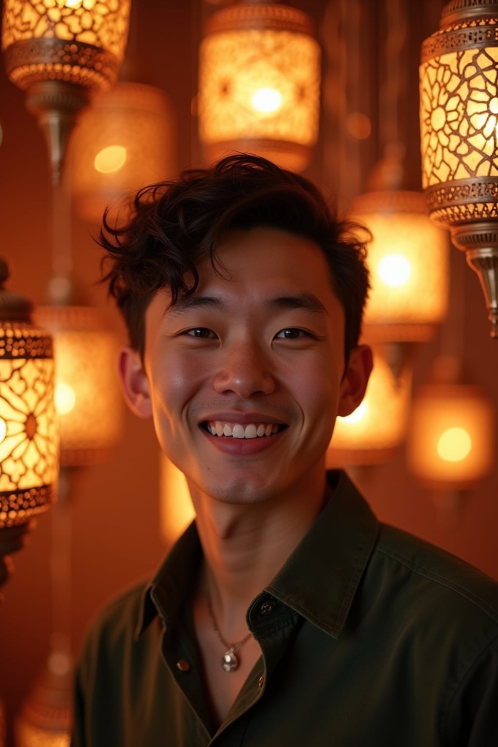 a stunning man surrounded by  traditional lanterns and Islamic art, capturing the sense of joy and family connection during the holiday