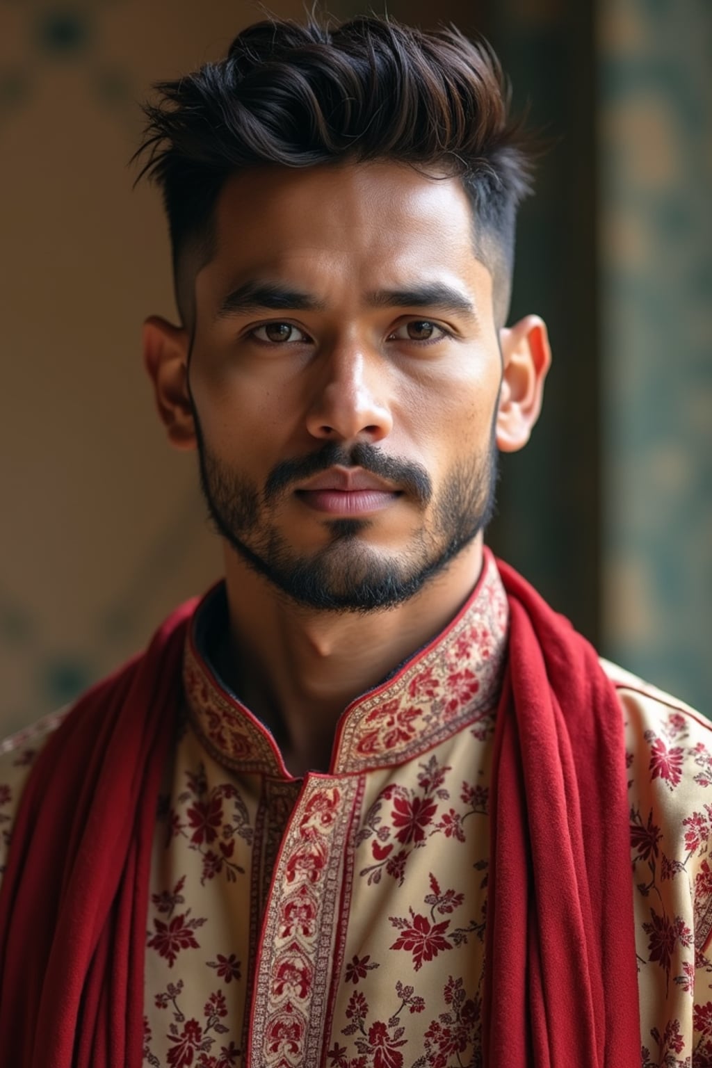 a man in  a modern take on traditional clothes, embodying the balance of tradition and contemporary life during Eid