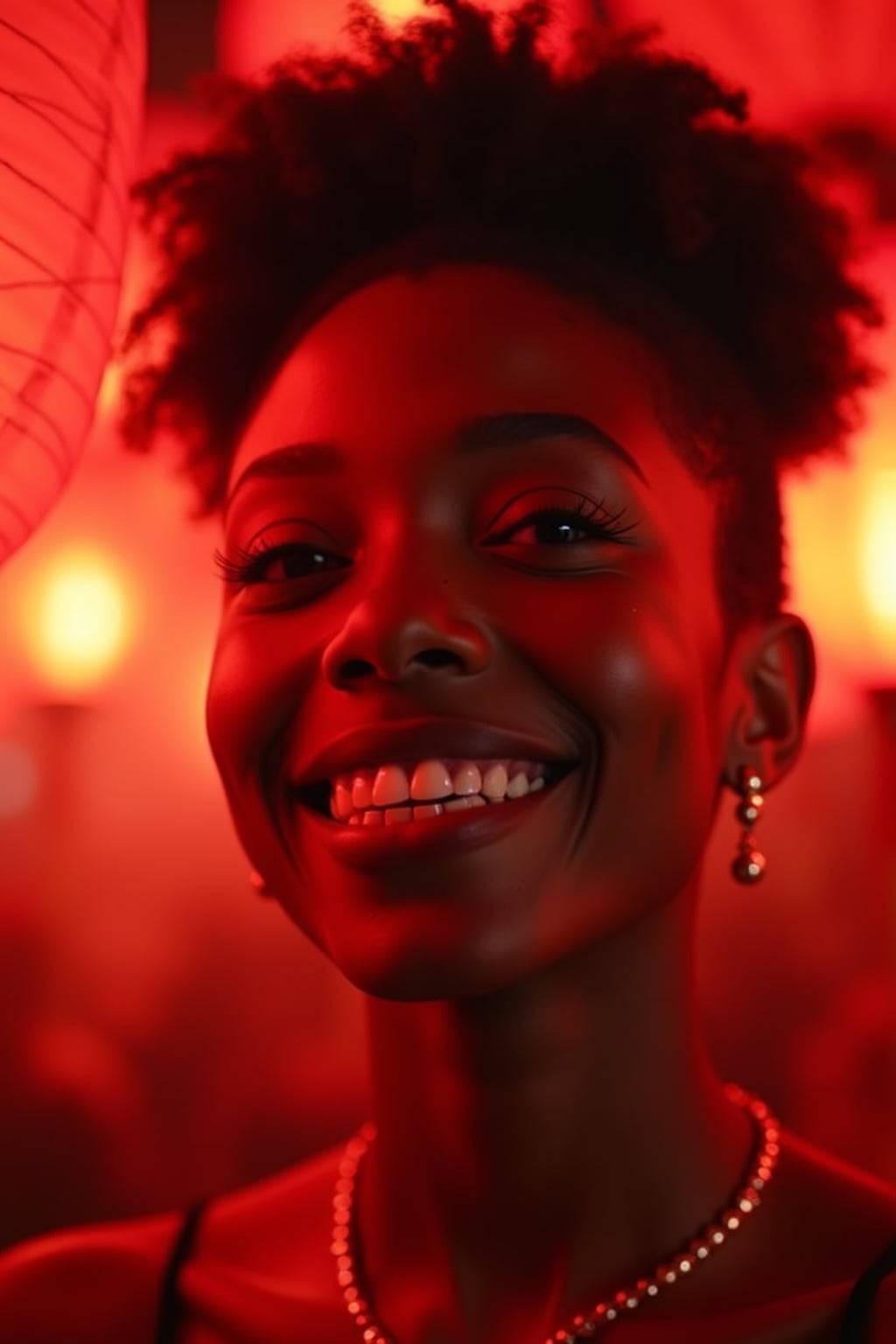 a woman with face illuminated by the warm glow of red lanterns , capturing the excitement that defines this important cultural celebration