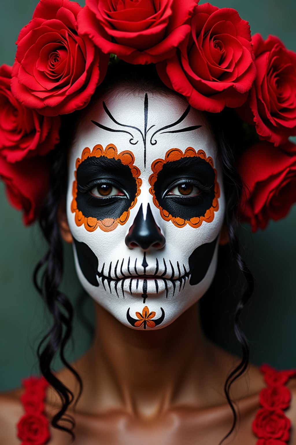 a woman with face beautifully painted in half-skull calavera style , capturing the duality of life and death that defines this important cultural celebration