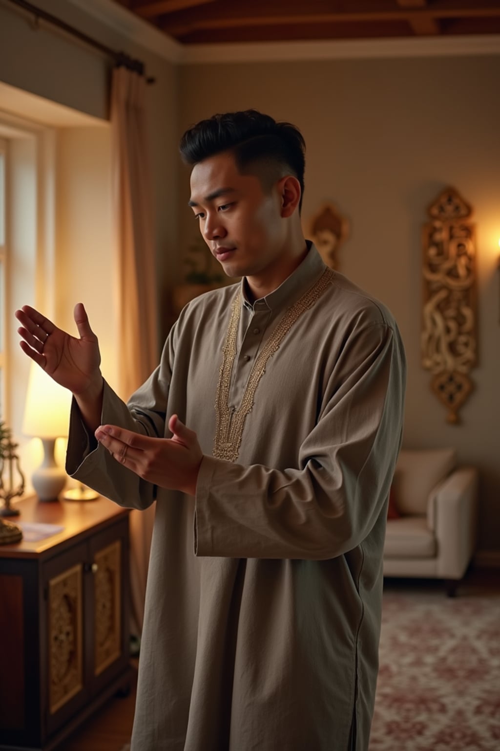 a man with  hands greeting family members, standing out in a beautifully decorated home with soft lighting and Islamic calligraphy