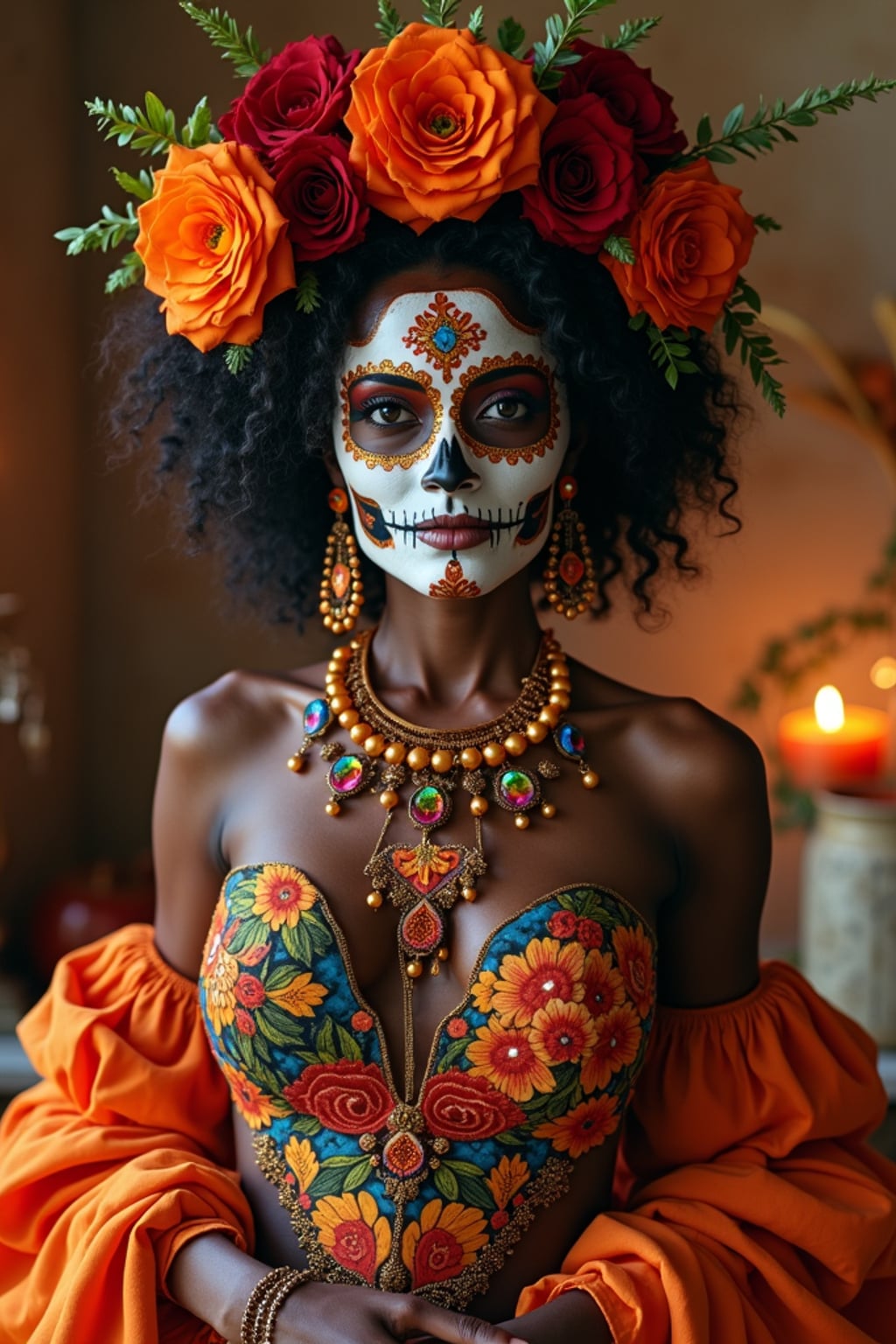 a stunning woman in a modern outfit inspired by traditional Day of the Dead elements , capturing their festive look against a backdrop of altars and memorial decorations