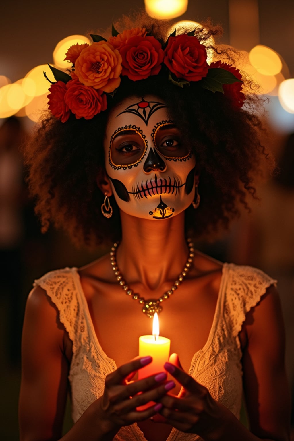 a woman enjoying the Día de los Muertos atmosphere, with hands holding marigold flowers or candles , radiating respect and celebration of life