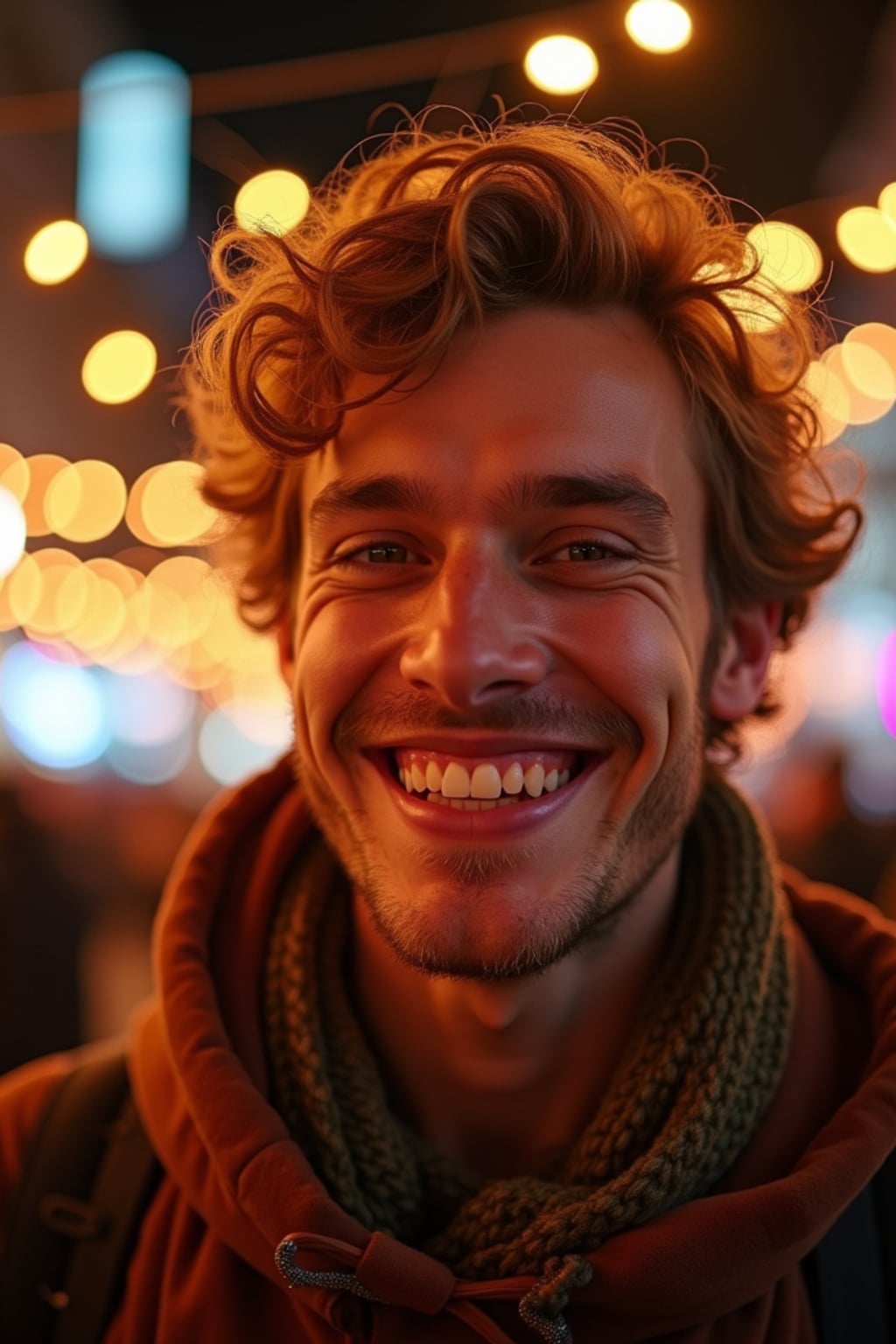 a man with  face with a joyful expression amid festival lights, capturing the miracle of light that defines this important holiday