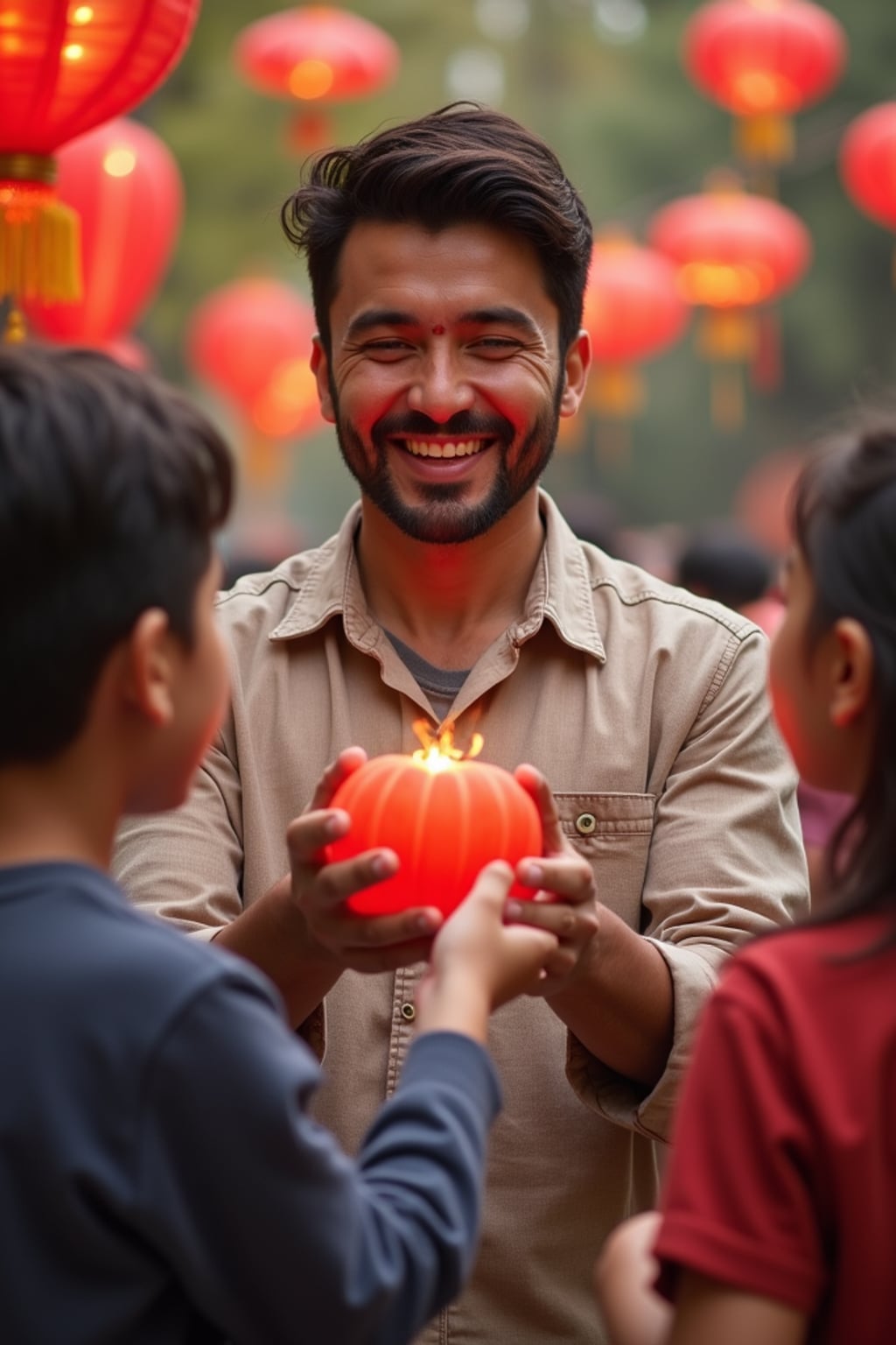 a man enjoying the Eid atmosphere, with  hands giving Eidi to children, radiating happiness and generosity