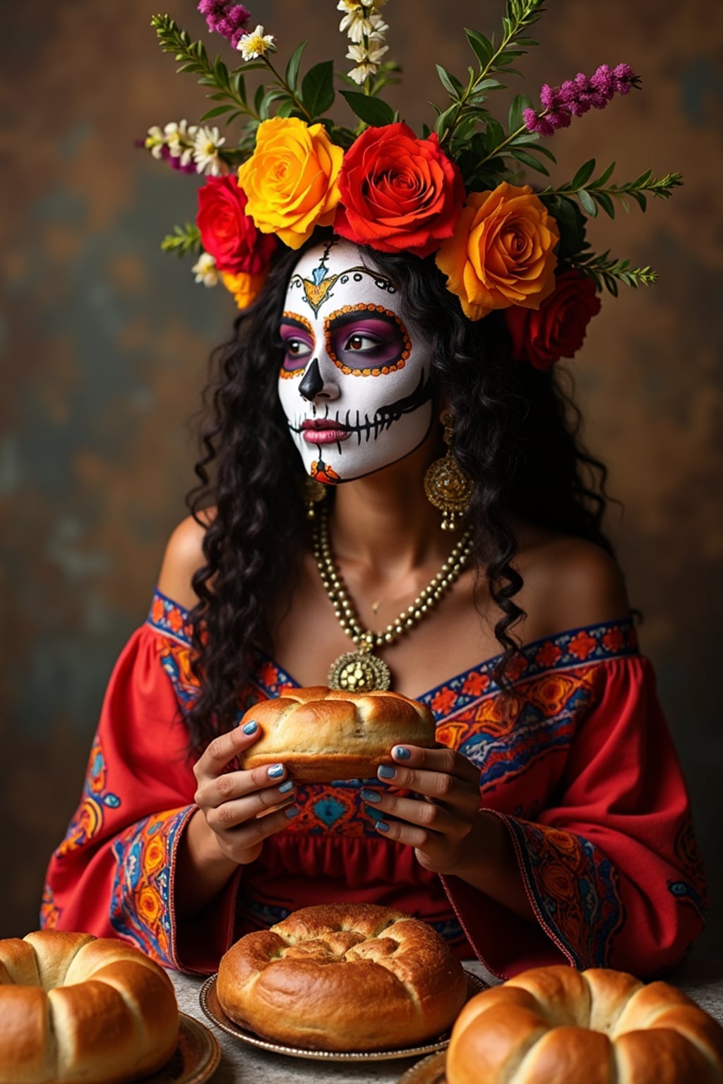 a woman in traditional attire during Día de los Muertos, sharing pan de muerto with family , capturing the celebratory and family-oriented spirit of honoring ancestors