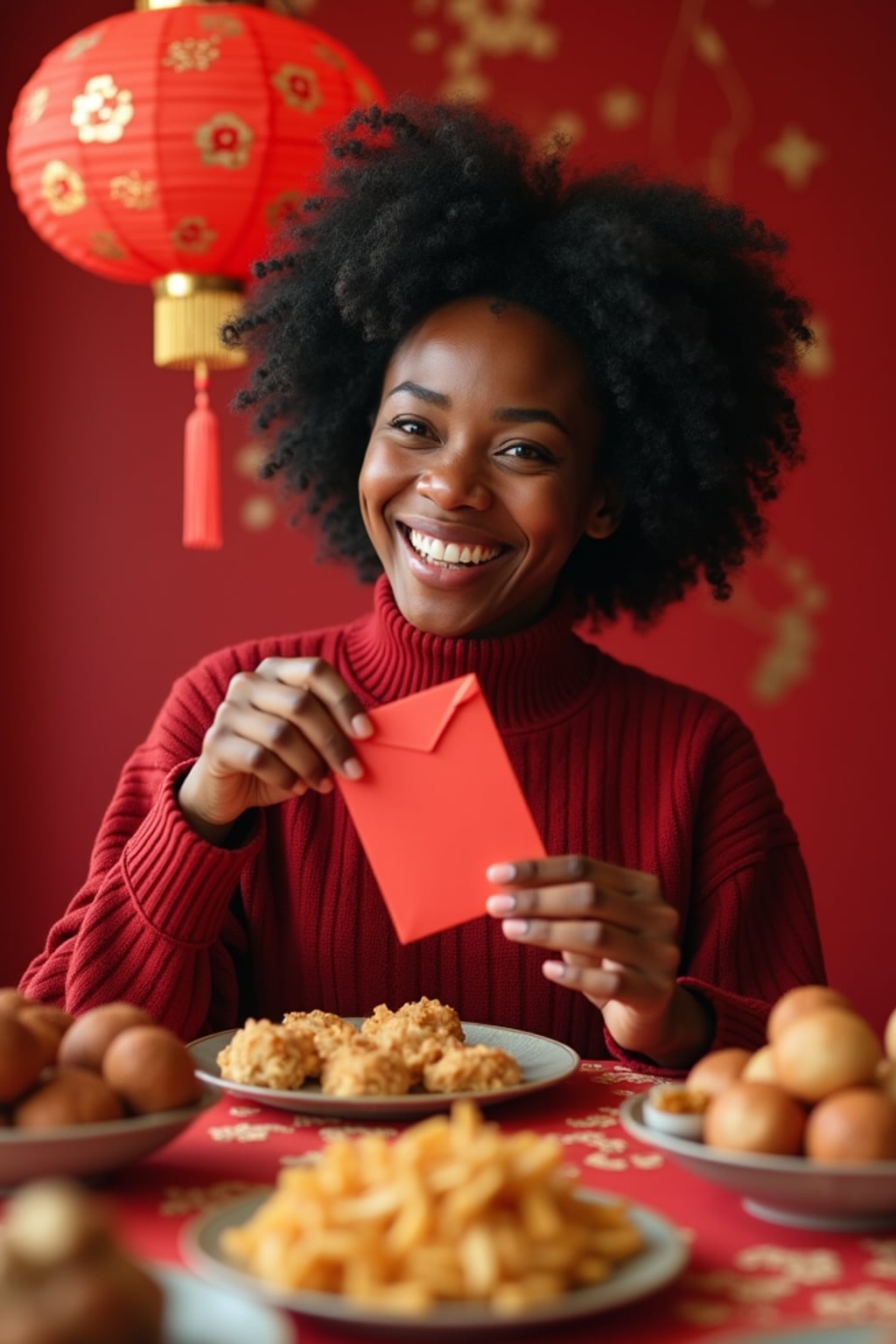 a woman enjoying Chinese New Year festivities, surrounded by family members exchanging red envelopes , with a table full of symbolic foods and sweet treats