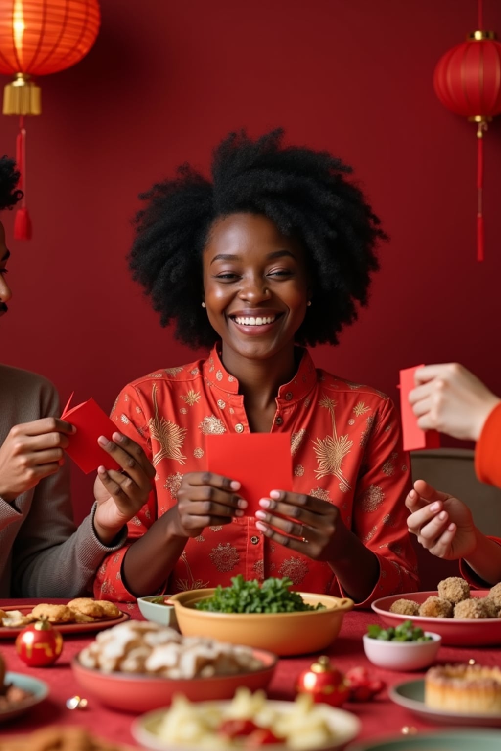 a woman enjoying Chinese New Year festivities, surrounded by family members exchanging red envelopes , with a table full of symbolic foods and sweet treats