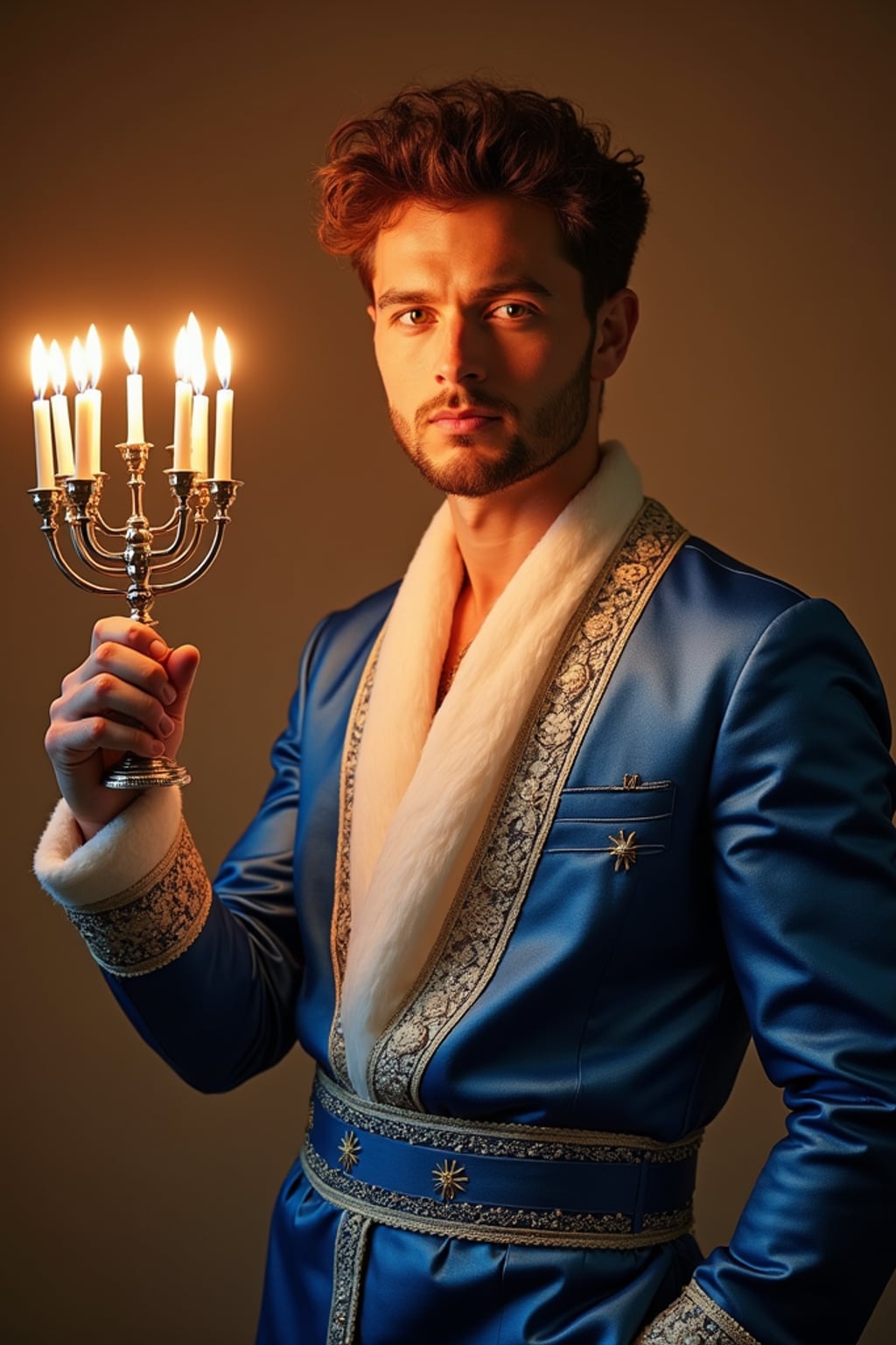 a man in  a festive blue and white ensemble, striking a pose with a beautiful menorah casting warm golden light patterns