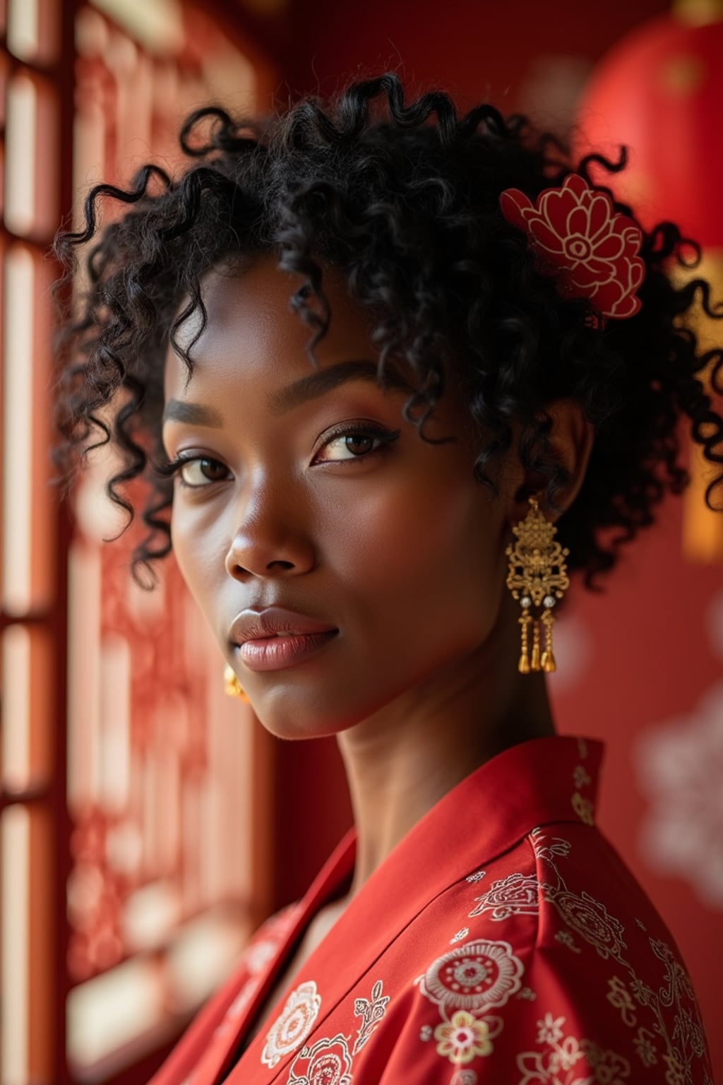 a stunning woman with an elegantly styled hair with traditional accessories , capturing the essence of Lunar Chinese New Year traditions in a room decorated with plum blossoms and paper-cut decorations