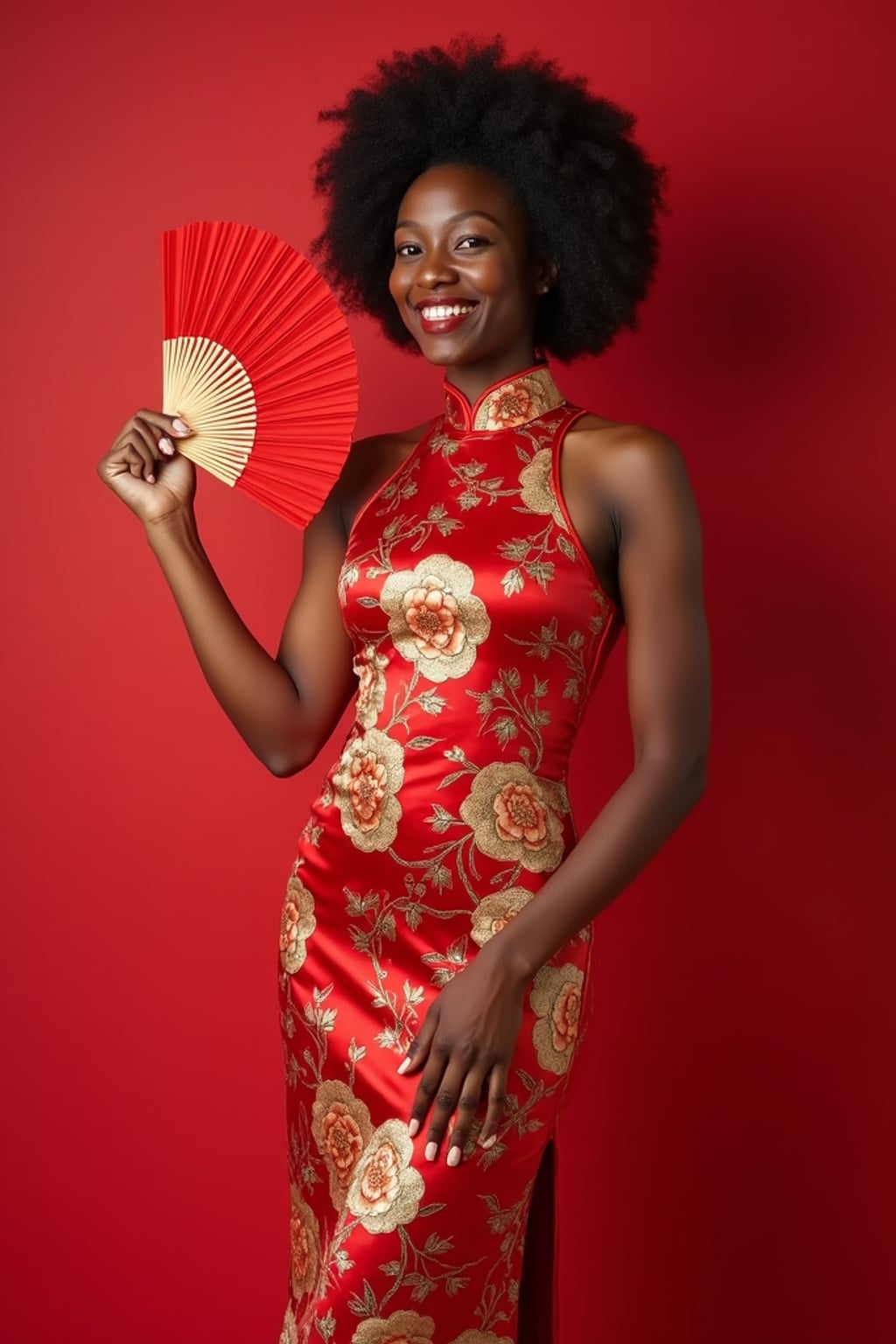 a woman in a silk qipao with embroidered details , embodying the joyful and prosperous nature of Chinese New Year, with a red fan or lucky ornament in hand