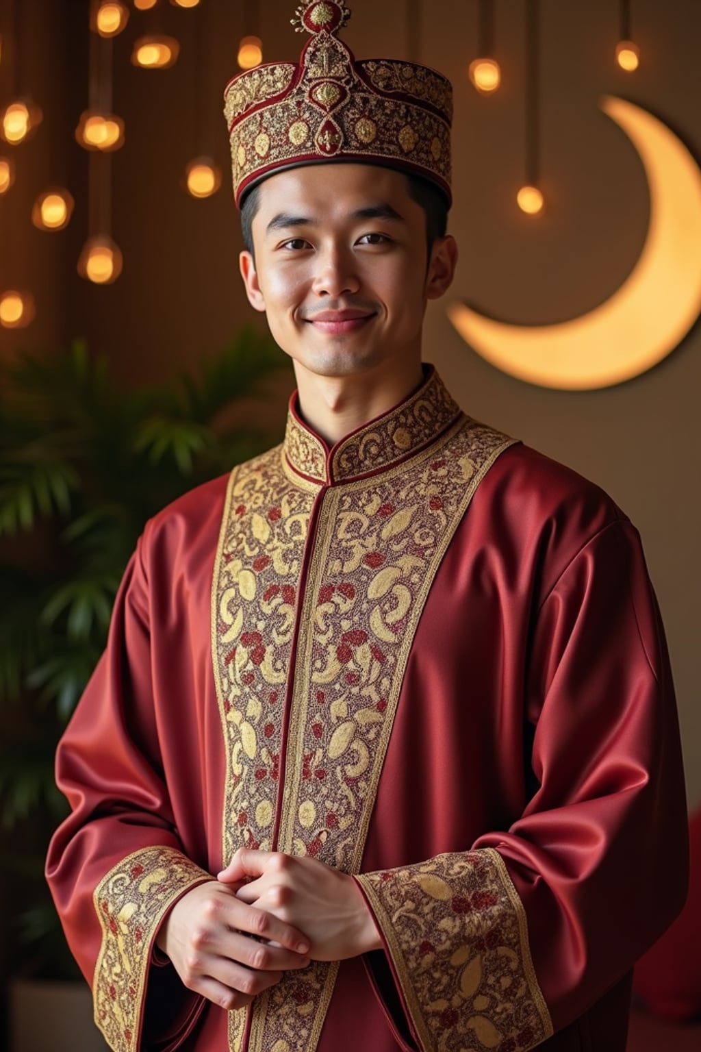 a stunning man with  a traditional cap and formal outfit, capturing the essence of Eid traditions in a room decorated with crescent moons and stars