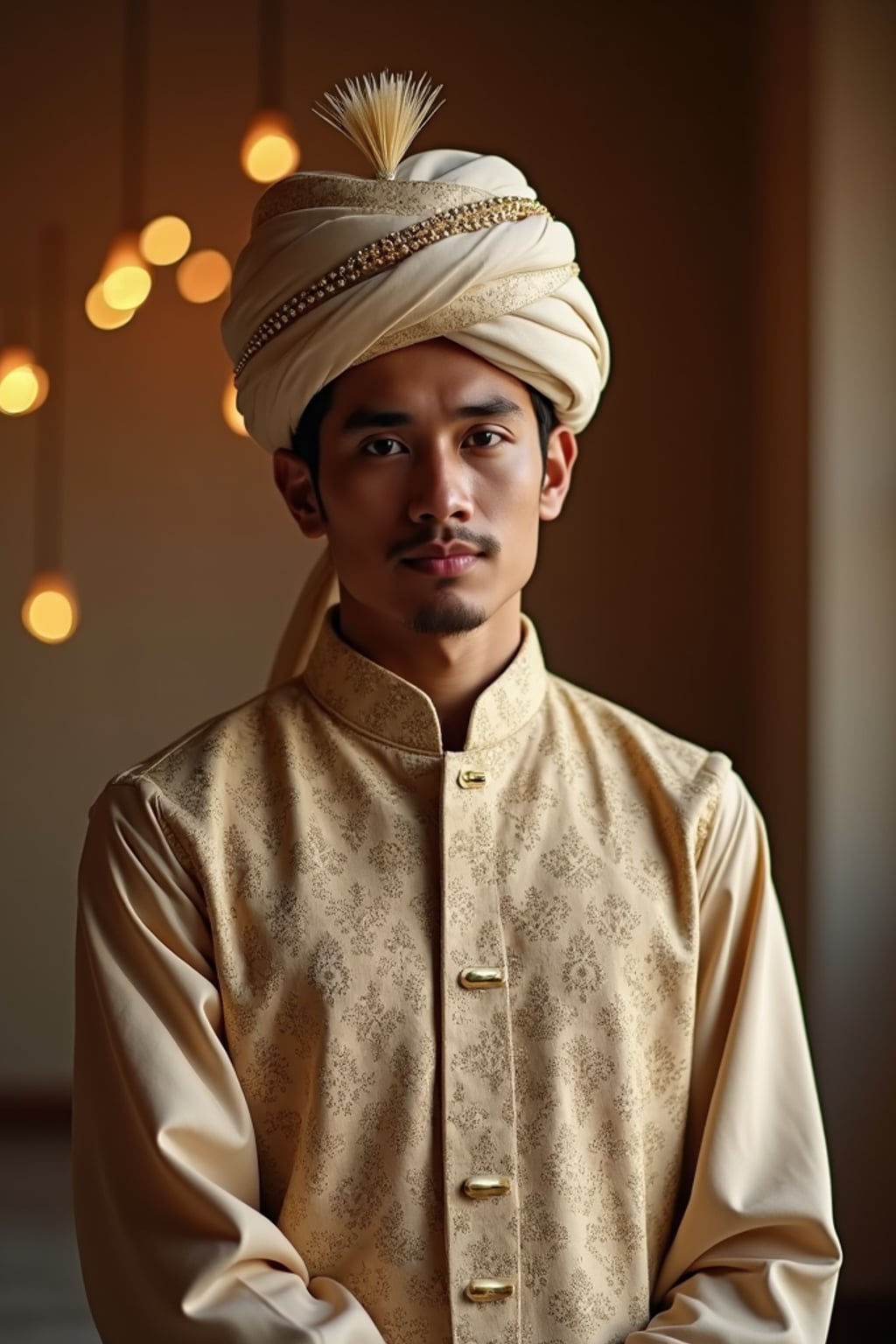 a stunning man with  a traditional cap and formal outfit, capturing the essence of Eid traditions in a room decorated with crescent moons and stars