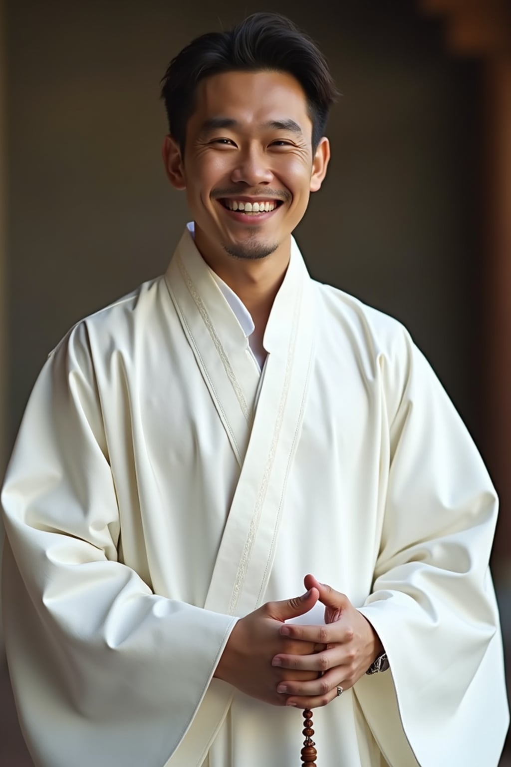 a man in  a crisp white thobe with subtle embellishments, embodying the joyful and blessed nature of Eid, with prayer beads in hand