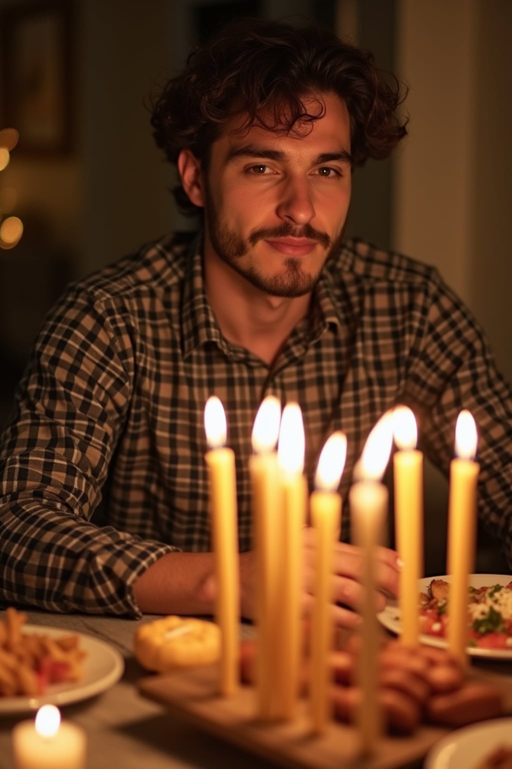 an incredibly attractive man during Hanukkah evening celebrations, surrounded by glowing candles, preparing for family gathering with traditional foods on a beautifully decorated table