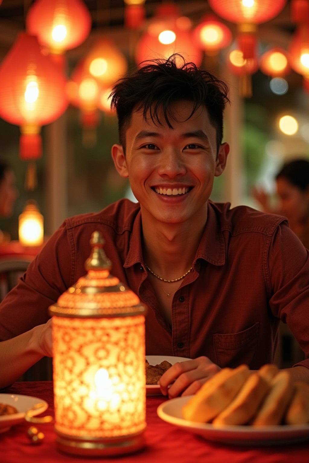 an incredibly attractive man during Eid celebrations, surrounded by glowing fanous lanterns, enjoying festive treats on a beautifully decorated table with family and friends