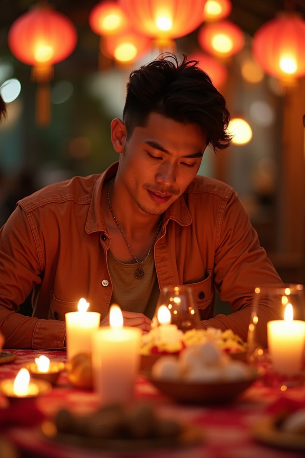 an incredibly attractive man during Eid celebrations, surrounded by glowing fanous lanterns, enjoying festive treats on a beautifully decorated table with family and friends