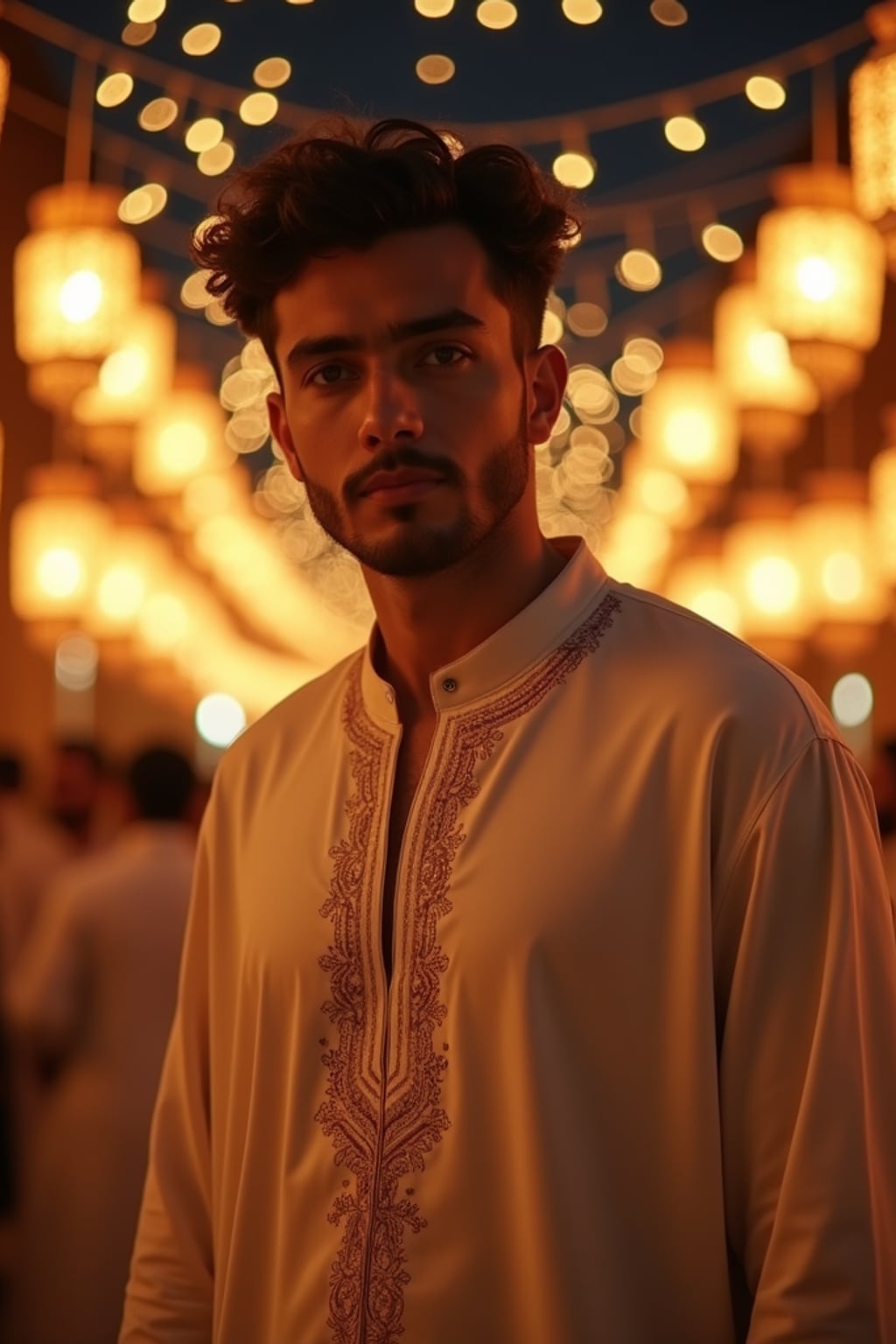 a stunning man celebrating Eid, surrounded by traditional lanterns and fairy lights, wearing  a traditional thobe or kurta, with crescent moon decorations in the background