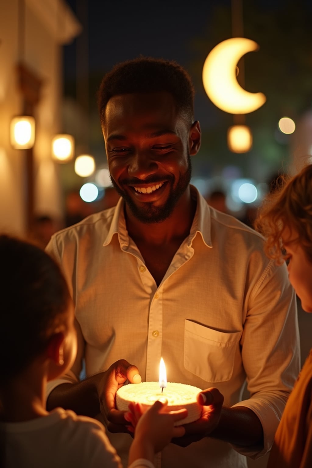 a man with  a joyful look while giving Eidi to children, adding a festive quality to their Eid celebration, with soft golden lights and crescent moon decorations visible in the background