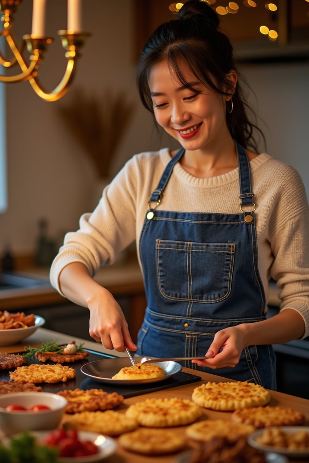 a woman with a happy expression while frying latkes in a warm kitchen , adding a festive quality to their celebration, with menorah lights and blue and gold decorations visible in the background