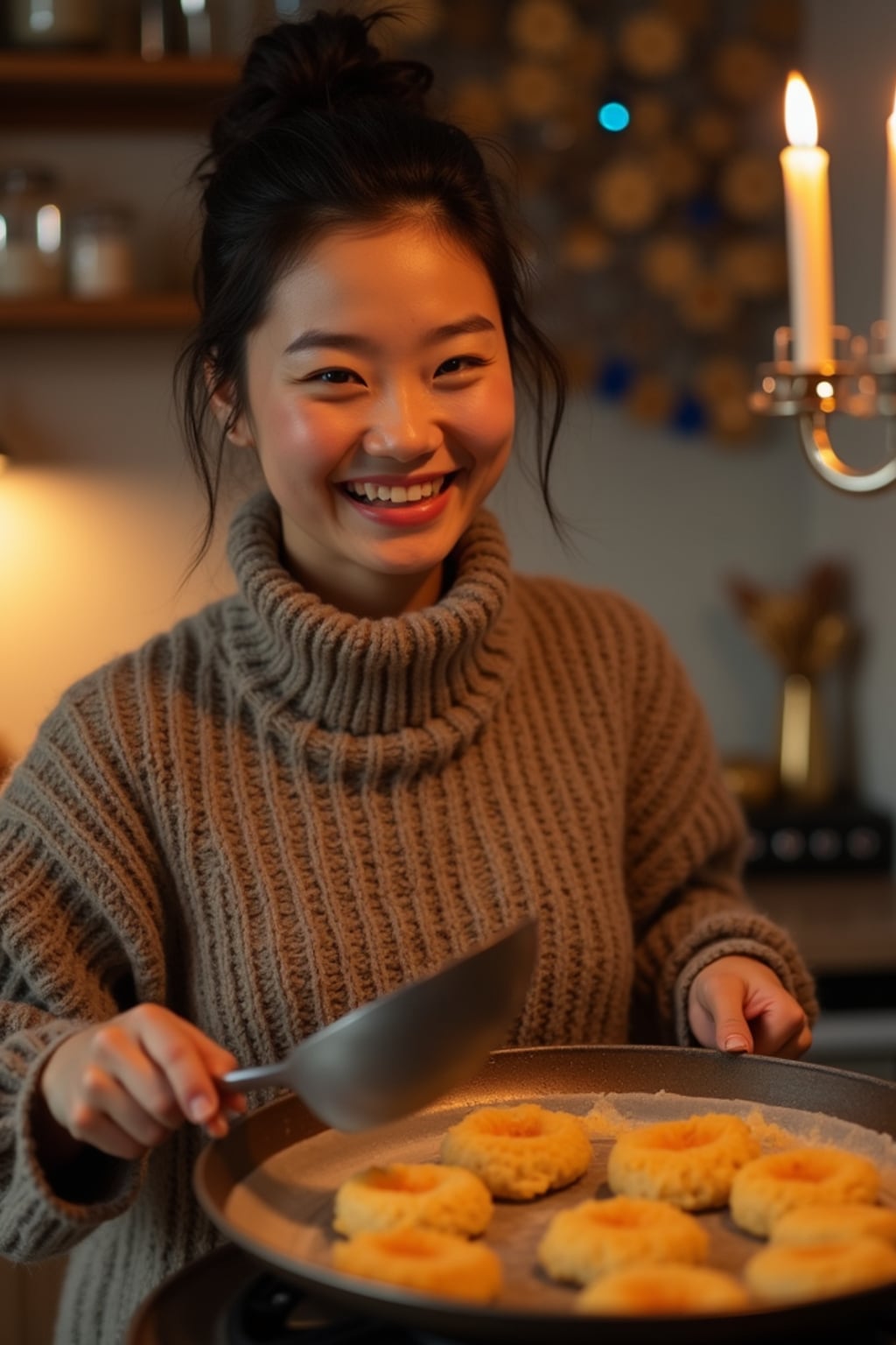 a woman with a happy expression while frying latkes in a warm kitchen , adding a festive quality to their celebration, with menorah lights and blue and gold decorations visible in the background