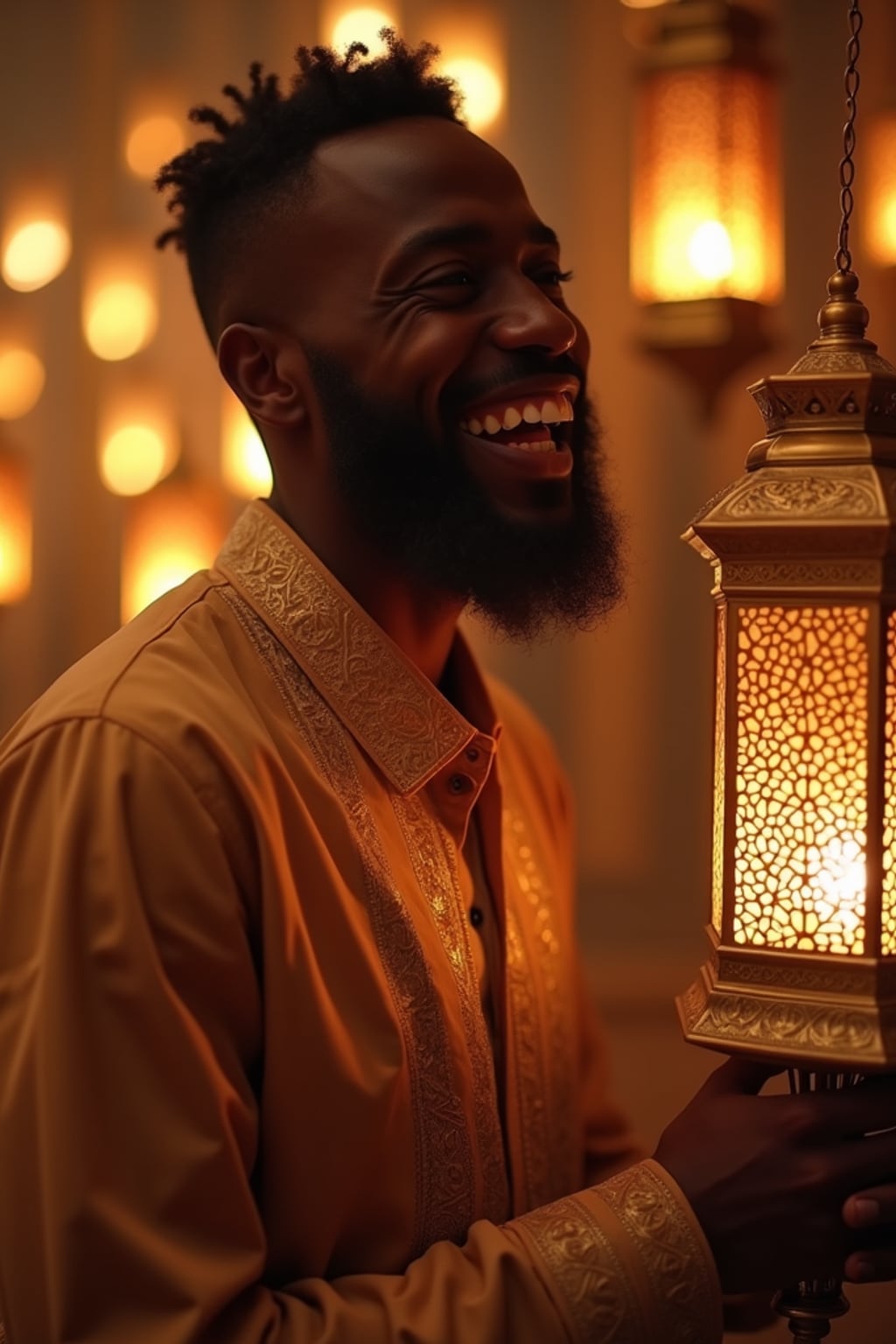 a stunning man surrounded by  traditional lanterns and Islamic art, capturing the sense of joy and family connection during the holiday