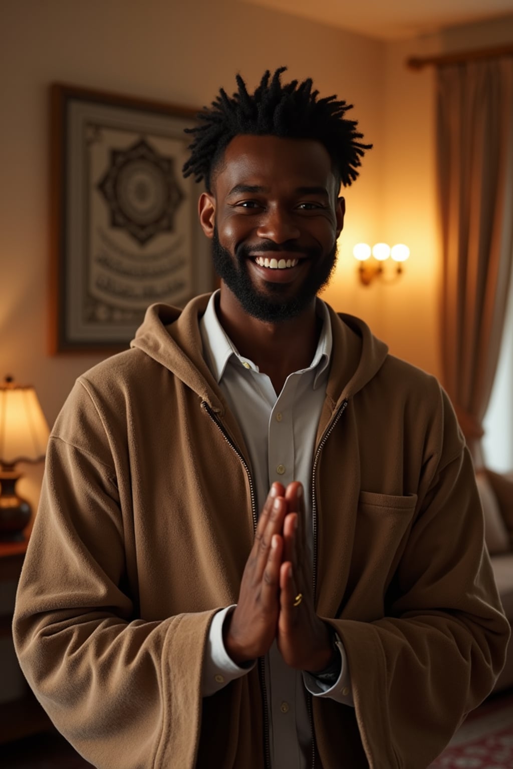a man with  hands greeting family members, standing out in a beautifully decorated home with soft lighting and Islamic calligraphy