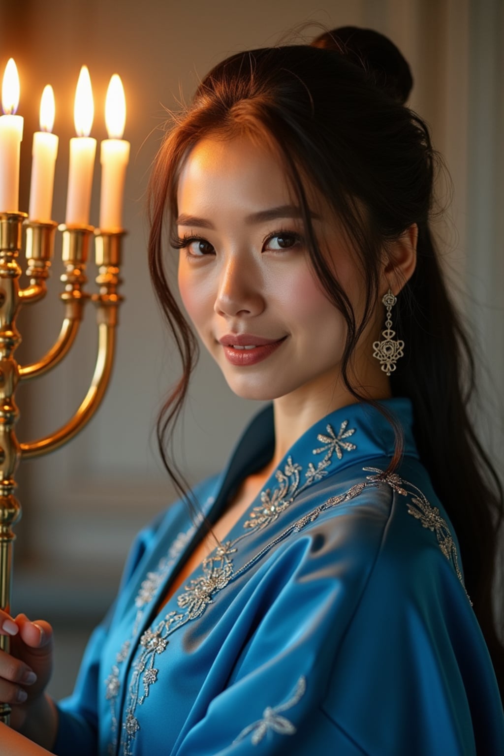 a woman in a flowing blue outfit with silver accents , striking a pose with a beautiful menorah casting warm golden light patterns