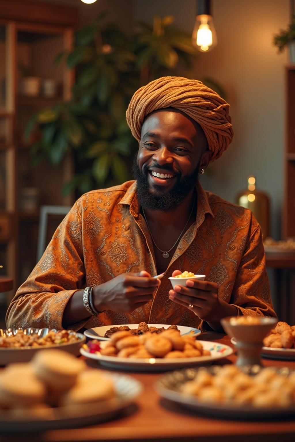 a man enjoying Eid festivities, surrounded by  friends gathering for celebration, with a table full of traditional sweets and treats