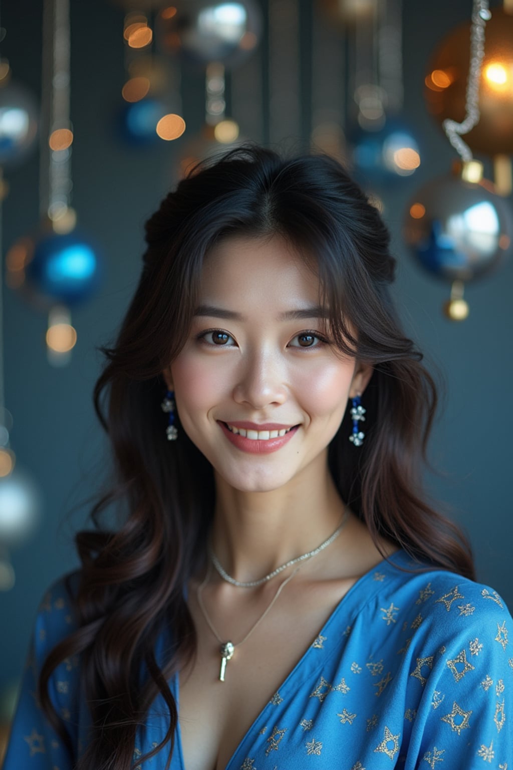 a stunning woman with hair adorned with subtle blue and silver accessories , capturing the essence of Hanukkah traditions in a room decorated with Stars of David and blue and silver ornaments