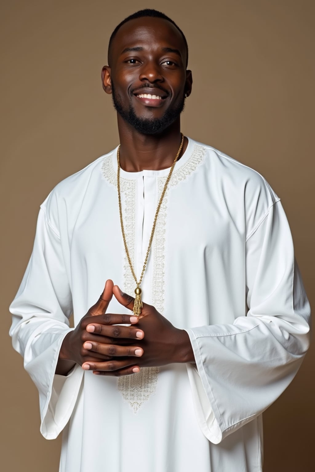 a man in  a crisp white thobe with subtle embellishments, embodying the joyful and blessed nature of Eid, with prayer beads in hand