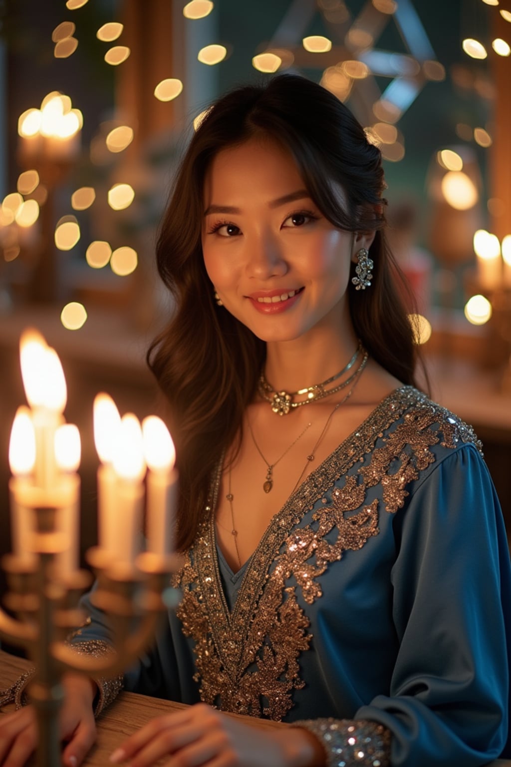 a stunning woman celebrating Hanukkah, surrounded by lit menorahs and twinkling lights, wearing a beautiful modest outfit in blue and silver , with Star of David decorations in the background