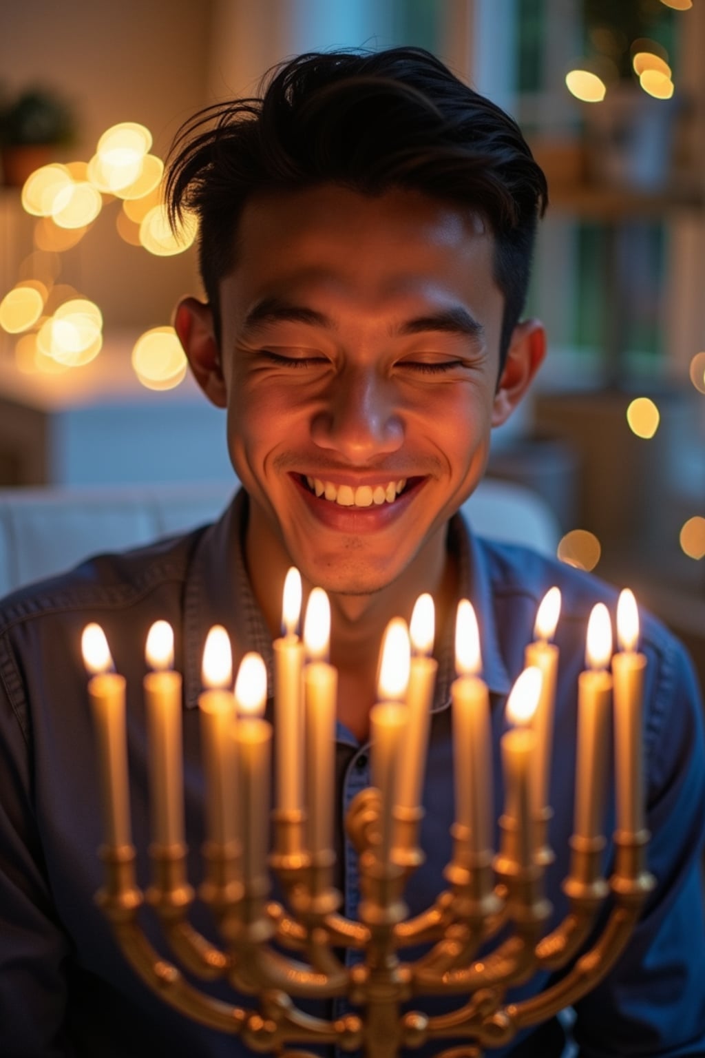 a man with  a joyful look while reciting Hanukkah blessings, adding a festive quality to their celebration, with menorah lights and blue and gold decorations visible in the background