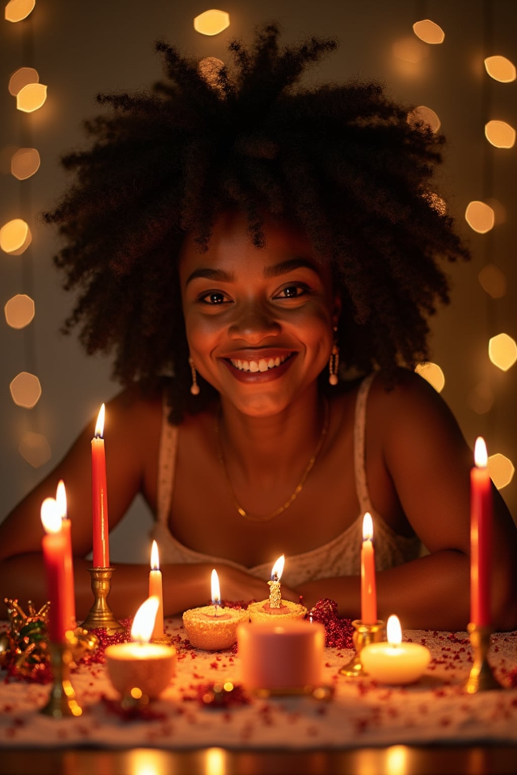 a stunning woman surrounded by beautiful Eid decorations and candles , capturing the sense of joy and family connection during the holiday