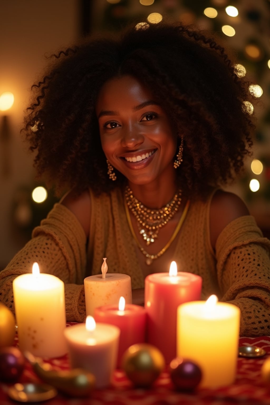 a stunning woman surrounded by beautiful Eid decorations and candles , capturing the sense of joy and family connection during the holiday