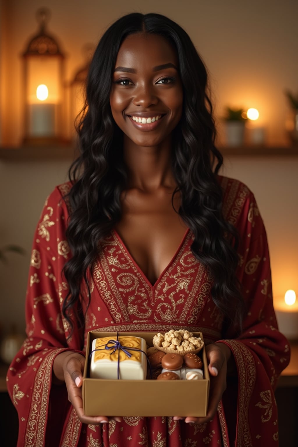 a woman with hands holding Eid gifts and sweets , standing out in a beautifully decorated home with soft lighting and Islamic calligraphy