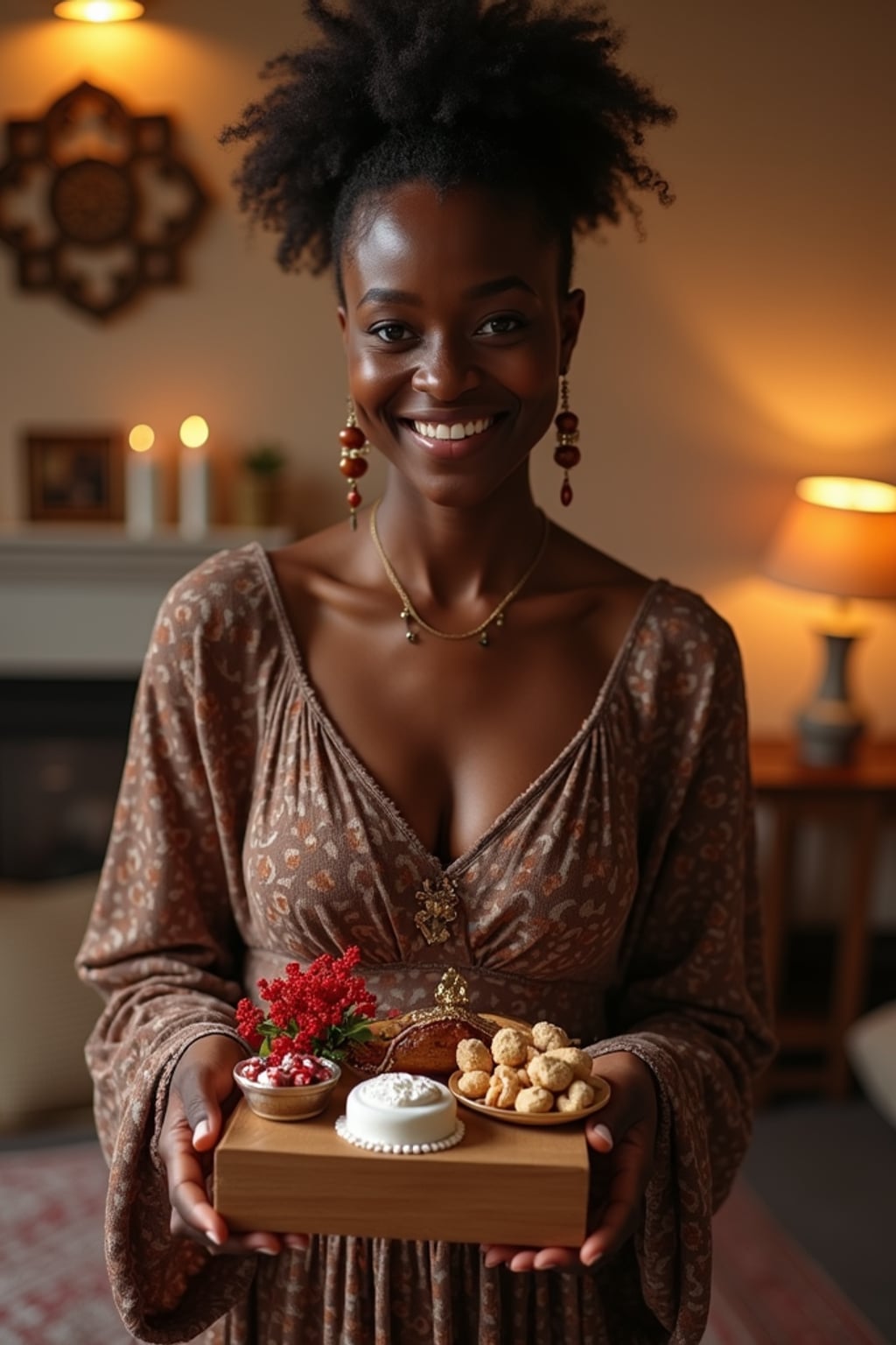 a woman with hands holding Eid gifts and sweets , standing out in a beautifully decorated home with soft lighting and Islamic calligraphy