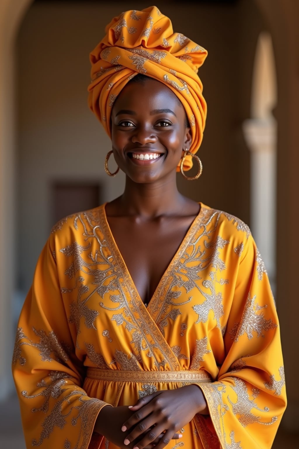 a stunning woman in a festive modest outfit for Eid celebrations , embodying the joy and gratitude of the holiday